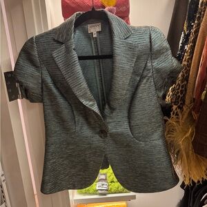 Armani Collezioni Short-Sleeve Tweed Blazer in Grey-Green